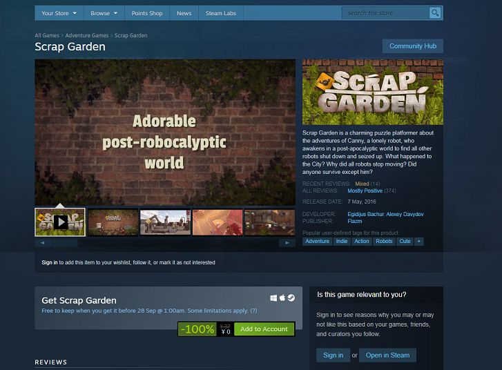 Steam免费领取Scrap_Garden（拾荒花园）